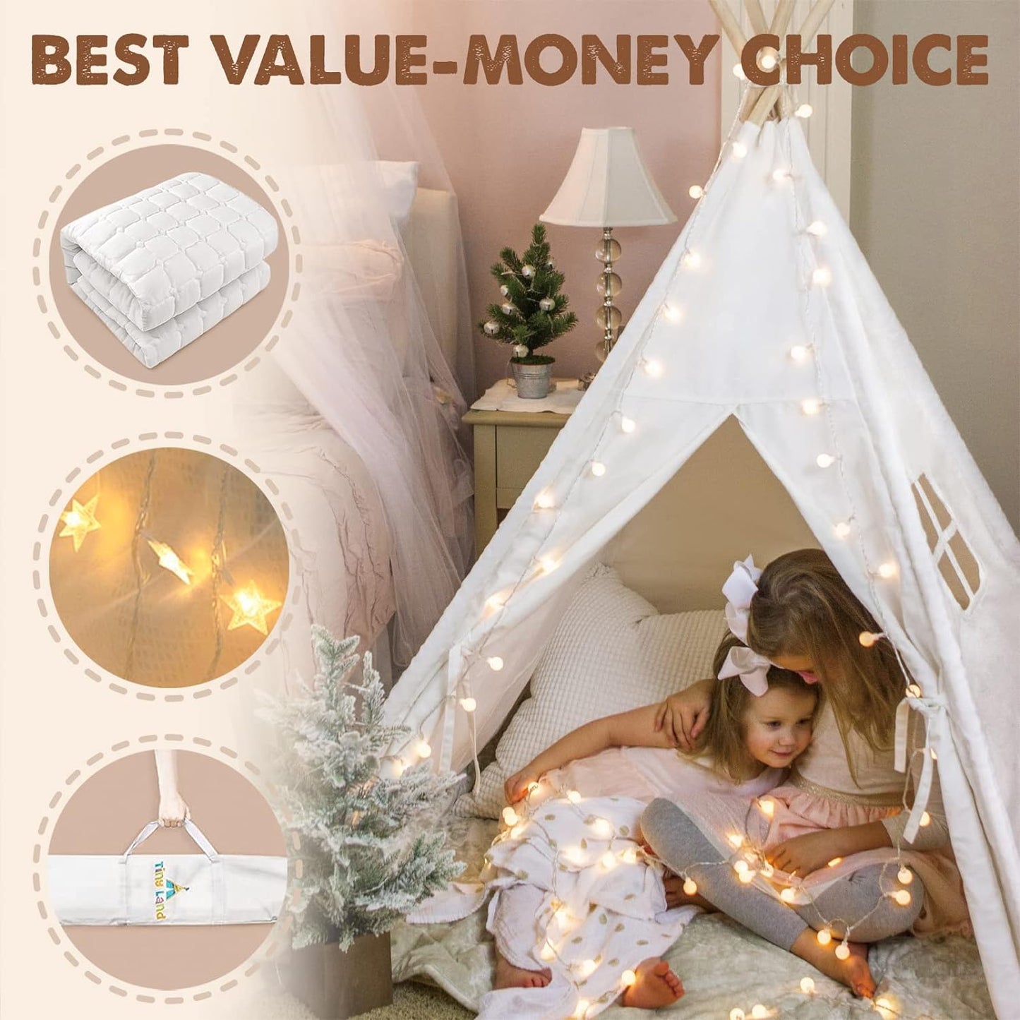 Tiny Land Teepee Tent for Kids, 100% Cotton Play Tent with Padded Mat and Star Lights, Kids Teepee Tent with Carry Bag, Foldable Kids Tent for Toddlers Aged 3+, Quality Teepee Tent for Girls and Boys