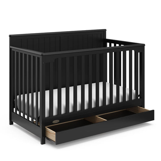 Graco Hadley 5-In-1 Convertible Crib with Drawer (Black) – Combo, Includes Full-Size Nursery Storage, Converts from Baby Crib to Toddler Bed, Daybed