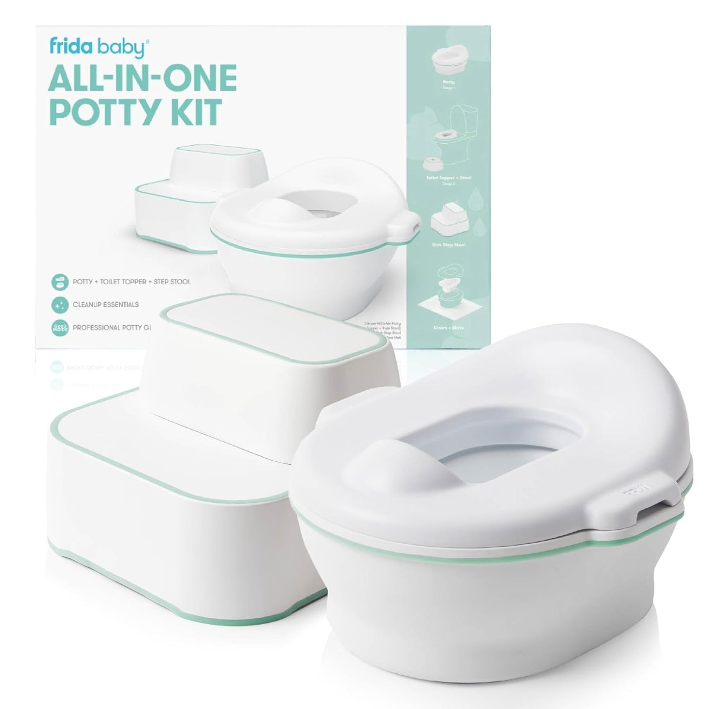 Frida Baby All-In-One Potty | Training Toilet with Toddler Potty Chair, Toilet Seat Topper, Toilet Step Stool, Sink Step Stool, Cleanup Essentials, and Professional Potty Guide