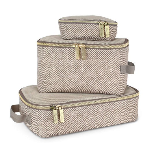 Itzy Ritzy Packing Cubes for Travel – Set of 3 Packing Cubes or Travel Organizers; Each Travel Cube Features a Mesh Top, Double Zippers and a Fabric Handle (Taupe)