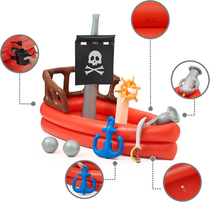 Teamson Kids Water Pool Pirate Ship Inflatable Kids Sprinkler with Air Pump, Beach Balls, & Accessories, Inflatable Outdoor Play Sprinkler System, Red