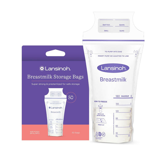 Lansinoh Breastmilk Storage Bags, 50 Count, Easy to Use Breast Milk Storage Bags for Feeding, Baby Essentials, Presterilized, Hygienically Doubled-Sealed for Freezing & Refrigeration, 6 Ounce