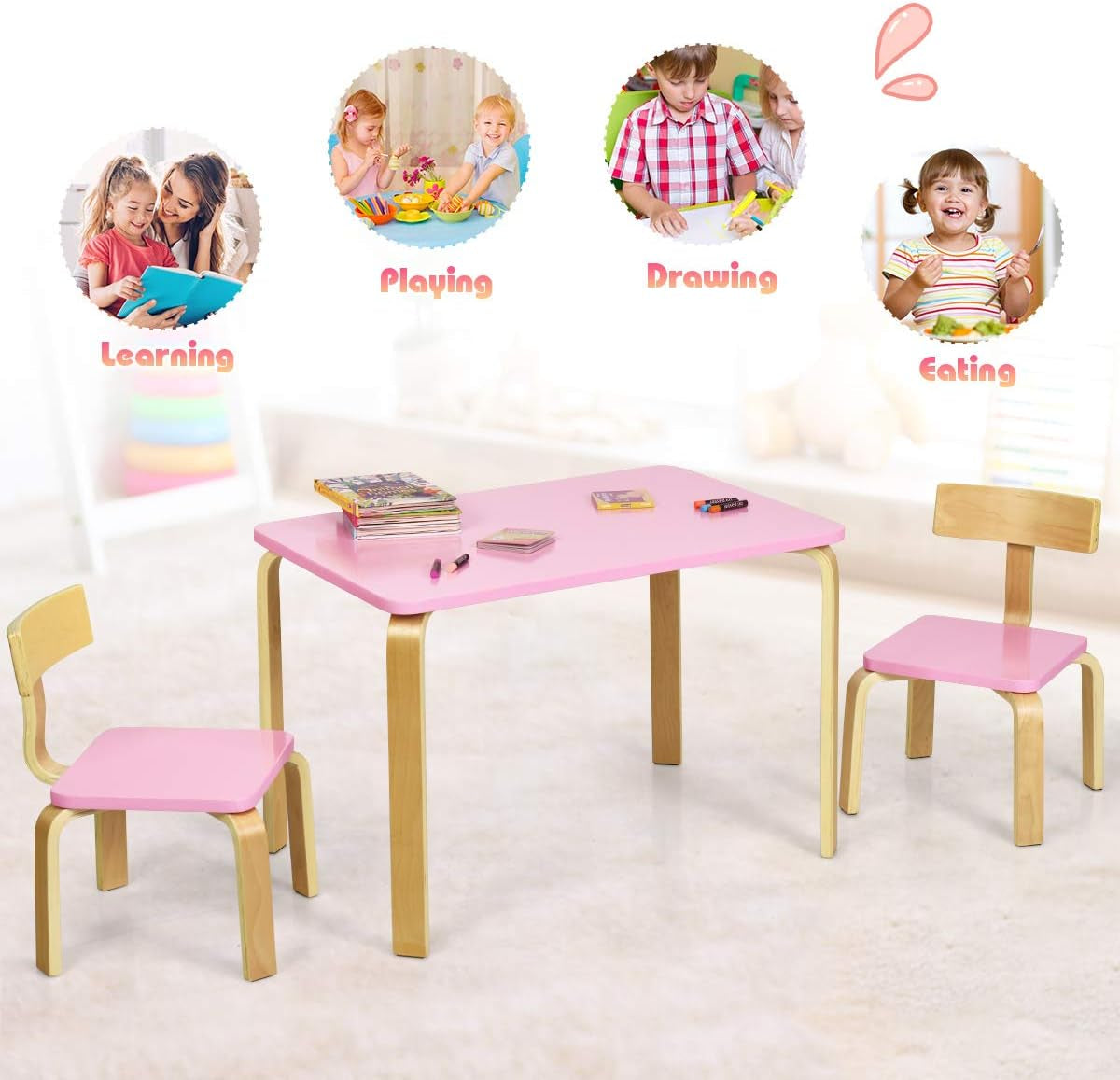 Costzon Kids Table and Chair Set, Wood Table and Chairs for Toddlers Reading, Arts, Crafts, Homework, Snack Time, 3 Piece Furniture for Playroom Home School Classroom, Childrens Table and Chair, Green