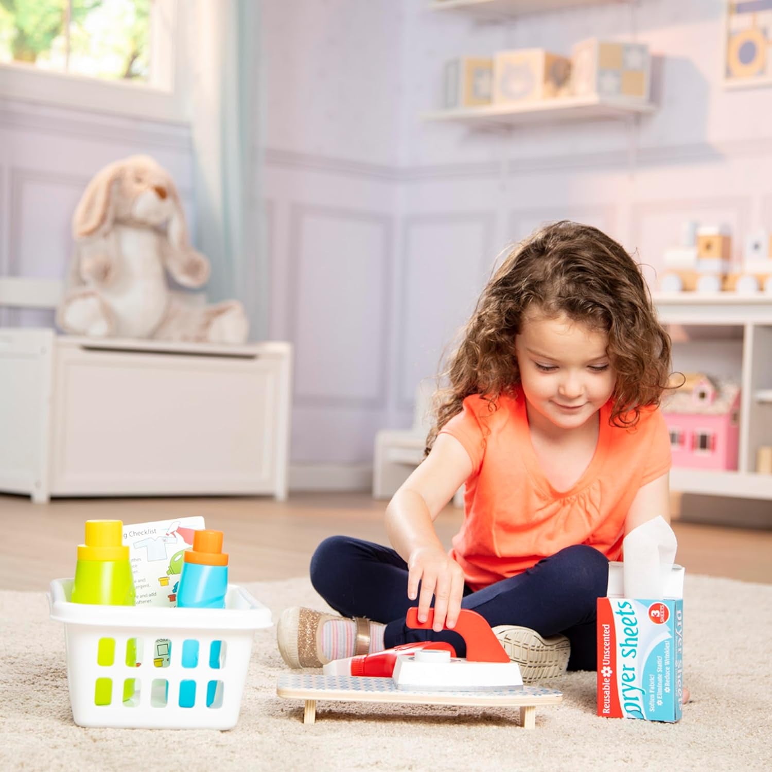 Melissa & Doug Laundry Basket Pretend Play Set with Wooden Iron, Ironing Board, and Accessories (14 Pcs) for Kids