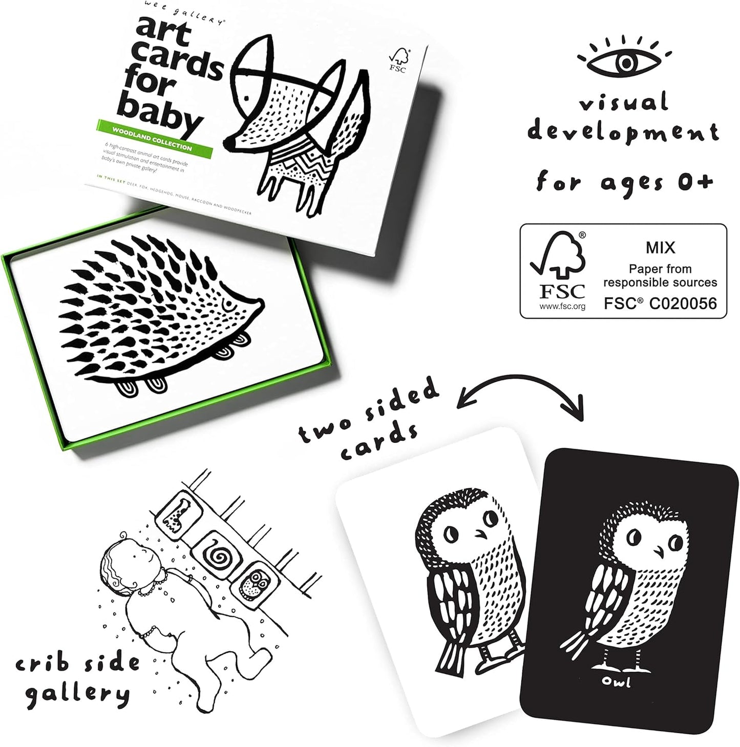 Wee Gallery Black and White Animal Art Cards for Babies, Durable High Contrast Vision Cards, Brain Development Educational Learning Tool for Newborn, Infant, Baby, Toddler - Woodland Animals