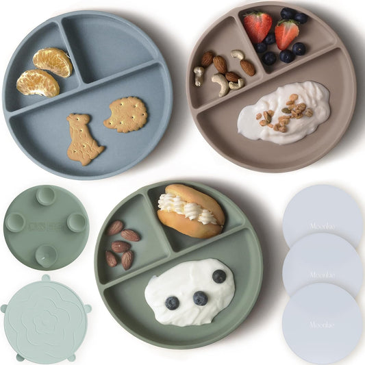 Moonkie Suction Plates for Baby | 100% Silicone Bpa-Free Baby Plates with Lids and Food Cover | Divided Design | Microwave and Dishwasher Safe | Toddler Plates 3 Pack