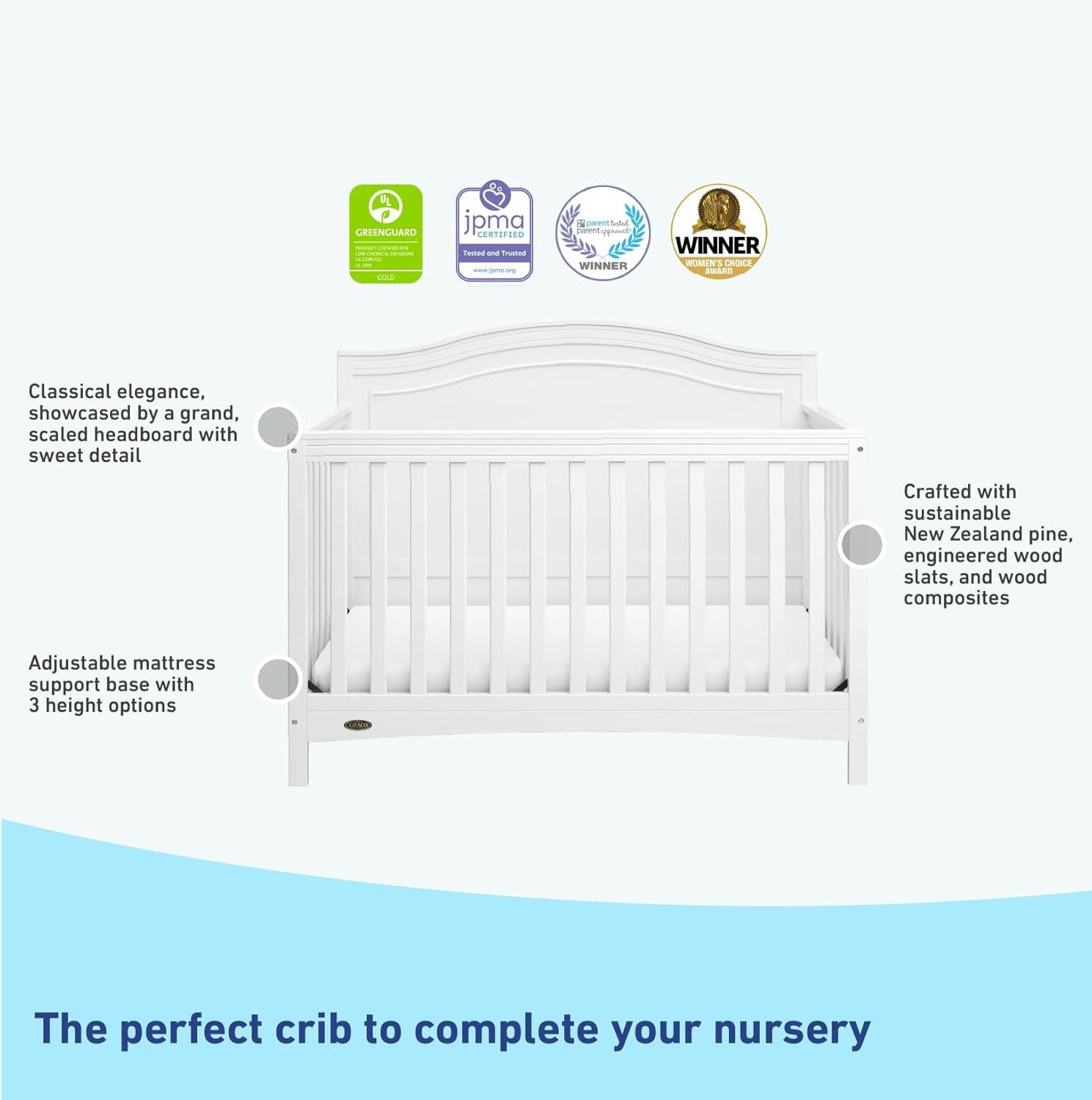 Graco Paris 4-In-1 Convertible Crib (White) - GREENGUARD Gold Certified, Converts to Toddler Bed, Daybed and Full Bed, Fits Standard Crib Mattress, Adjustable Mattress Base