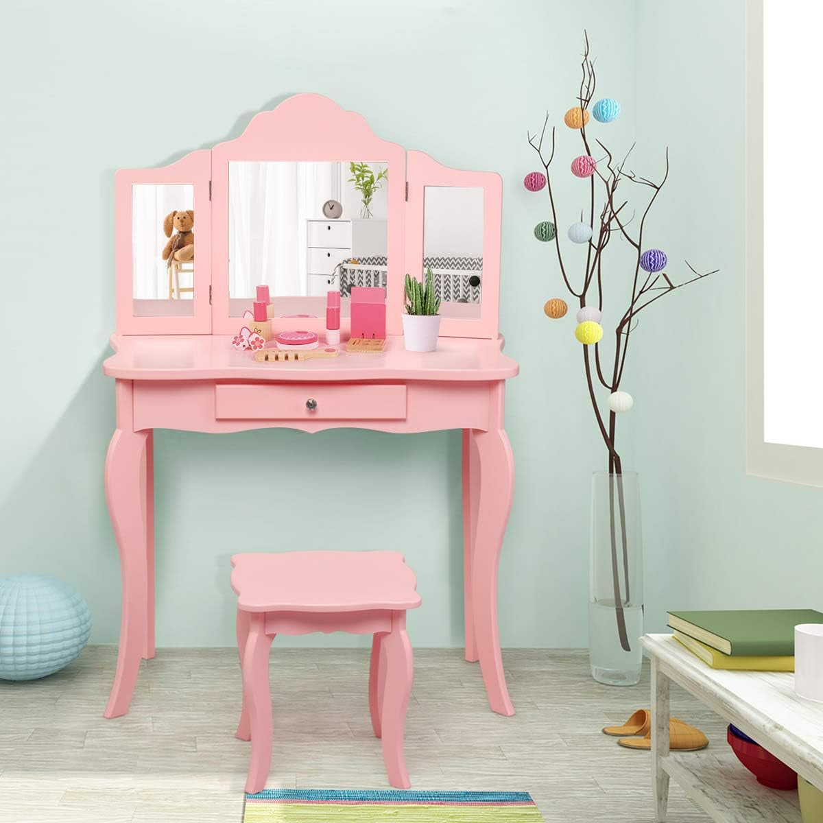 Costzon Kids Wooden Vanity Table & Stool Set, 2 in 1 Detachable Design with Dressing Table and Writing Desk, Princess Makeup Dressing Table with Two 180° Folding Mirror, for Girls, Kids (Pink)