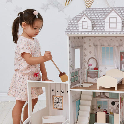 Teamson Kids - Dreamland Farm House Wooden Pretend Play Doll House Dollhouse for 12" Doll with 14 Pieces of Furniture - White / Gray