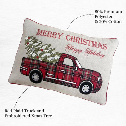 MON AMI Plaid Truck with Christmas Tree Pillow – 20X14”, Christmas Decorations, Farmhouse Winter Holiday Home Décor, Christmas Pillow for Couch/Sofa