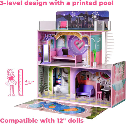 Olivia'S Little World Dreamland Sunset 2-Story Wooden Dollhouse with Modern Rooftop Deck and 14-Pc. Accessory Set for 12" Dolls, Pink