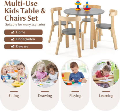 Costzon Kids Table and Chair Set, 5-Piece Wooden Activity Table W/ 4 Chairs, Toy Bricks, Classroom Playroom Daycare Furniture for Playing, Drawing, Reading, Bentwood Toddler Table & Chairs (Natural)