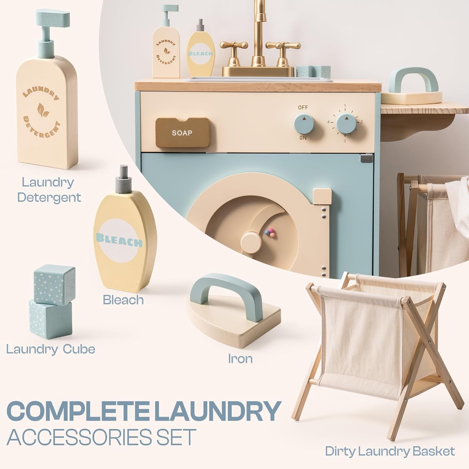 ROBUD Wooden Laundry Playset, Washer and Dryer Set for Kids, Realistic Pretend Play Washing Machine with Basket, Iron, Soap, Bleach, Laundry Detergent, Gift for Boys & Girls, Ages 3+