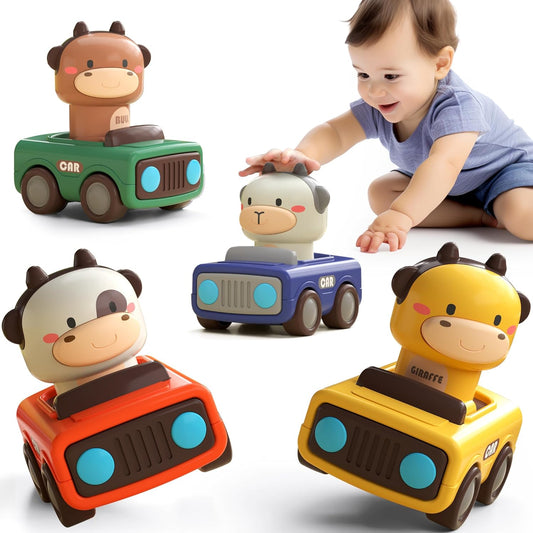 Iplay, Ilearn Press and Go Car Toys for Toddlers 1-3, Baby Animal Racing Cars, Infant Play Vehicle Set, Baby Push Go Friction Car Toys for 6-9-12-18 Months, 1St Birthday Gifts for 1-2 Years Old Boys