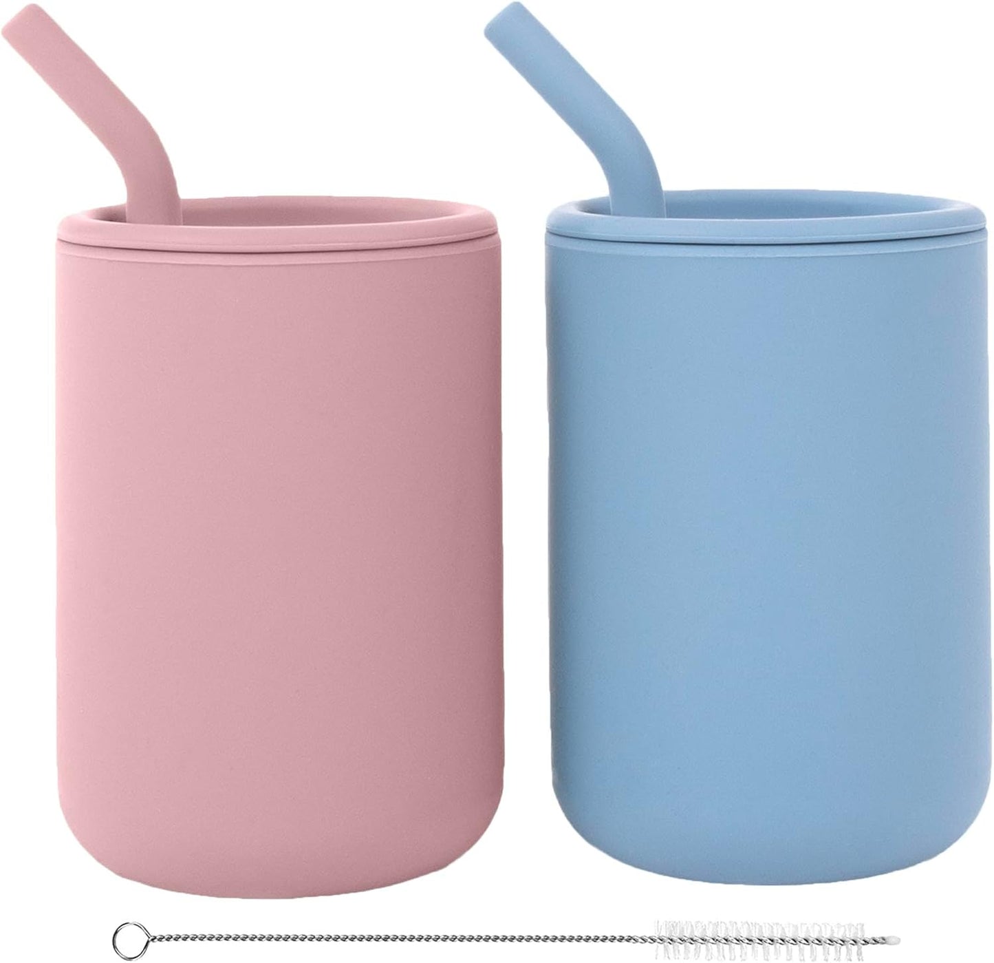 Weesprout Silicone Baby Cups with Straws and Lids, 4 & 8 Oz Options, Set of 2, Food Grade Toddler Training Container, Built in Straw Stoppers, Measurement Markings, Dishwasher Safe + Straw Cleaner