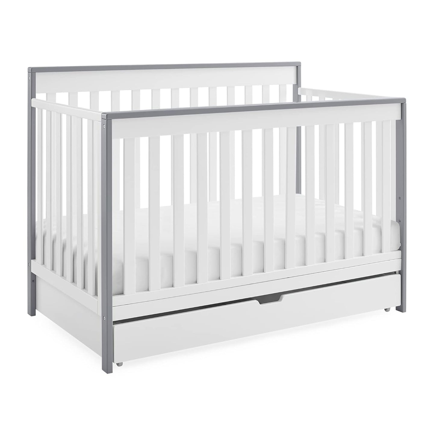 Delta Children Mercer 6-In-1 Convertible Crib with Storage Trundle, Greenguard Gold Certified, Bianca White/Grey