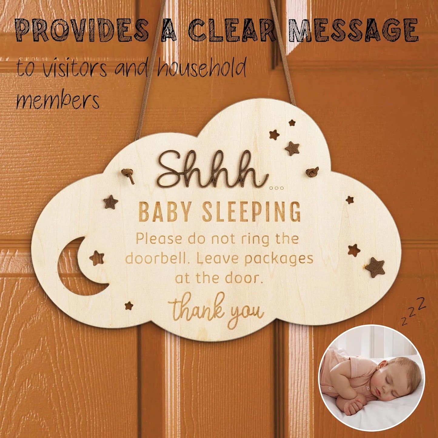 Chippi & Co Shh Baby Sleeping Sign for Front Door, Wooden Do Not Ring Doorbell Sign for Font Door, Baby Room, Fathers Day Gifts for New Dad, Expecting Dad, Christmas Gifts for Mom to Be (Baby Sleepinng Sign)