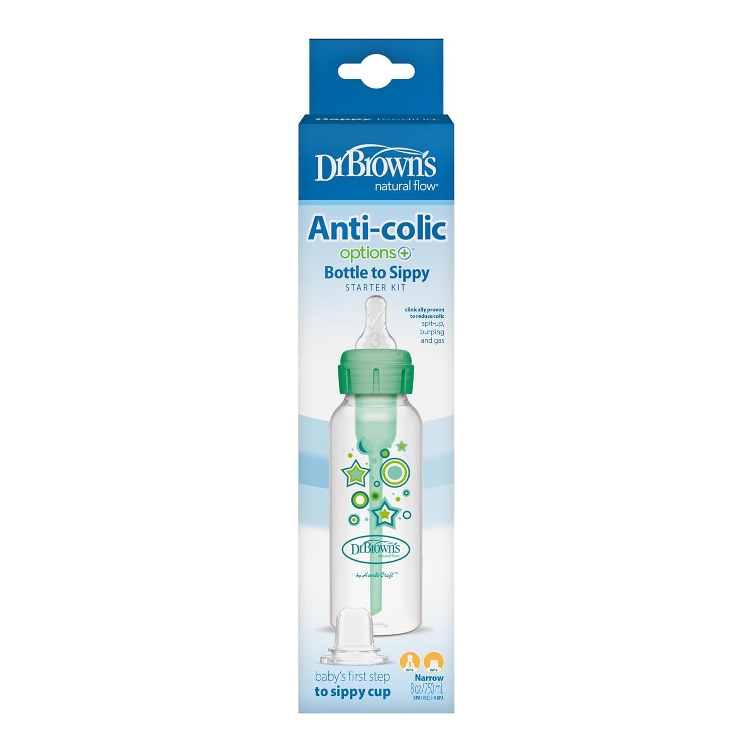 Dr. Brown'S Anti-Colic Options+ Narrow Sippy Bottle Starter Kit, 8Oz/250Ml, with Level 3 Medium-Fast Flow Nipple and Soft 100% Silicone Sippy Spout, Green, BPA Free, 6M+