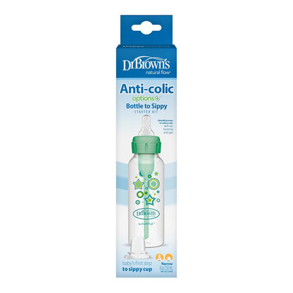 Dr. Brown'S Anti-Colic Options+ Narrow Sippy Bottle Starter Kit, 8Oz/250Ml, with Level 3 Medium-Fast Flow Nipple and Soft 100% Silicone Sippy Spout, Green, BPA Free, 6M+