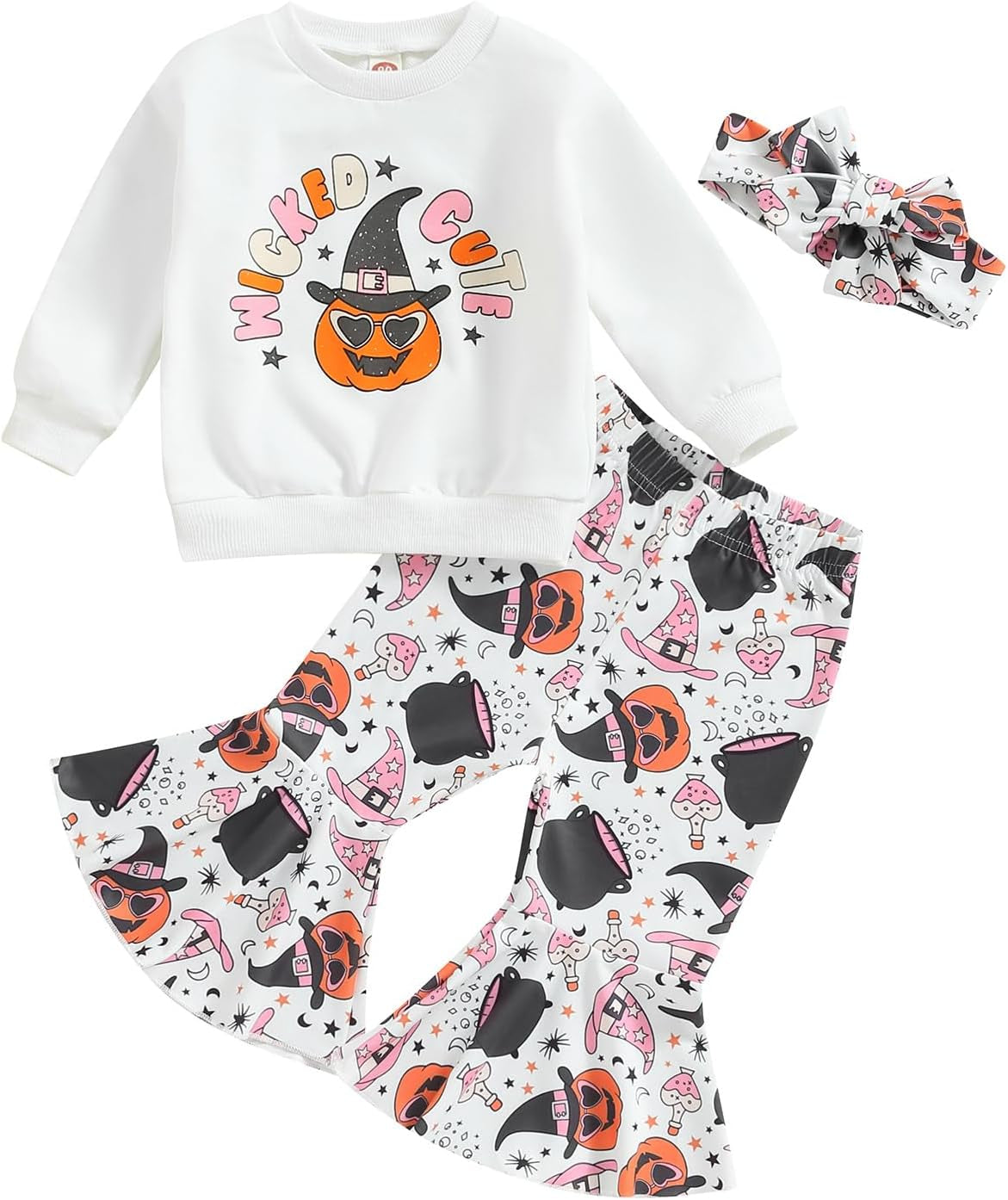 Baby Girl Halloween Outfit Pumpkin Pie Crewneck Sweatshirt Shirt Top Bell-Bottom Pants Sets Cute Toddler Clothes