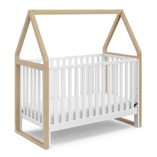 Storkcraft Orchard 5-In-1 Convertible Crib (White with Driftwood) – GREENGUARD Gold Certified, Canopy Style Baby Crib, Converts from Crib to Toddler Bed, Daybed and Full-Size Bed