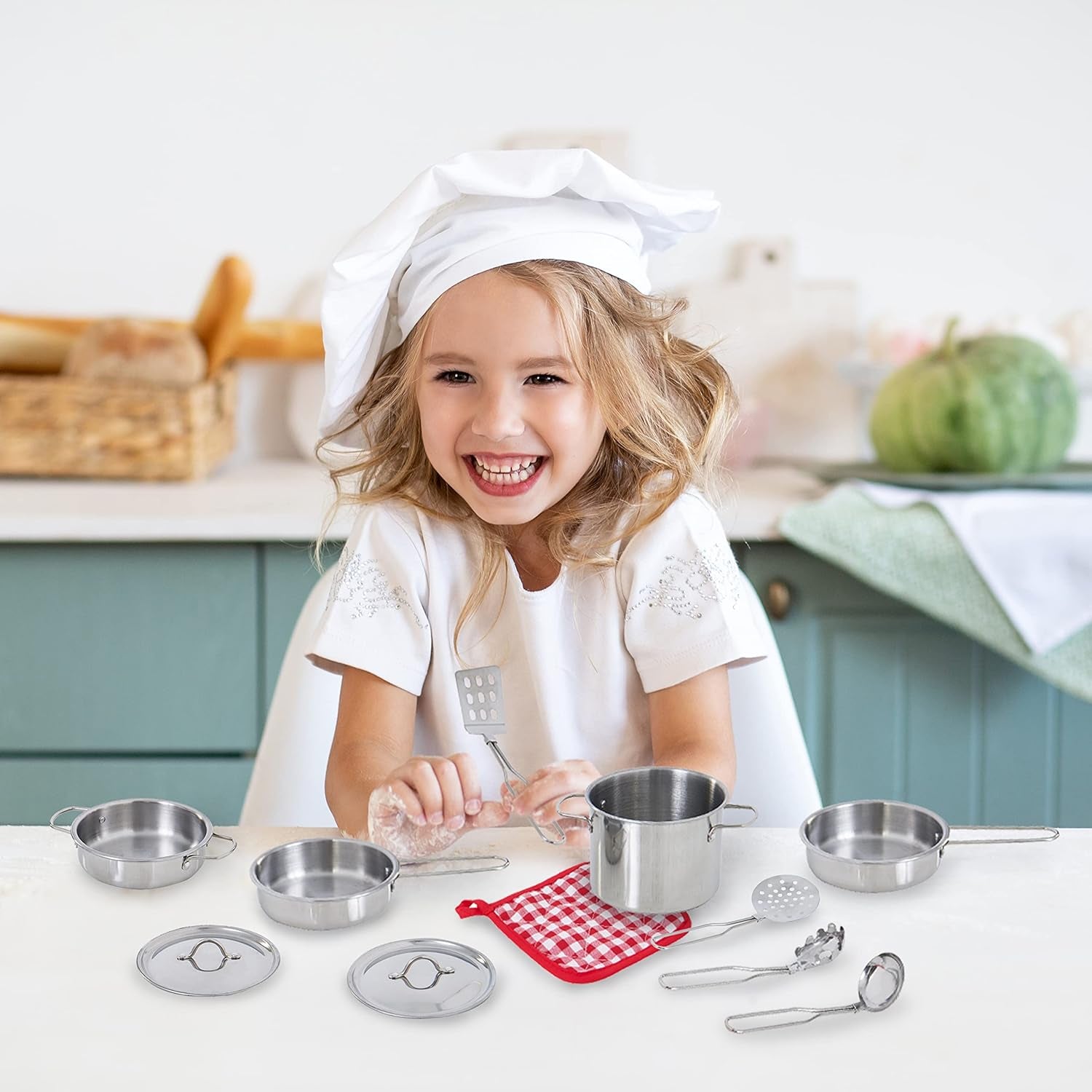 Teamson Kids - Little Chef Frankfurt Kitchen Pretend Play Stainless Steel Cooking Utensils Accessories Set Toys with Cookware Pots and Pans for Kids Boys Toddler and Girls - 11 Pcs