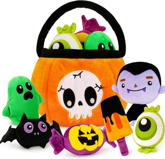 Teytoy 6 Packs My First Baby Plush Pumpkin Toys Playset for Halloween Decorations,Soft Halloween Plush Baby Toys Gifts,Stuffed Crinkle Halloween Basket Toys for Infants Babies Toddlers