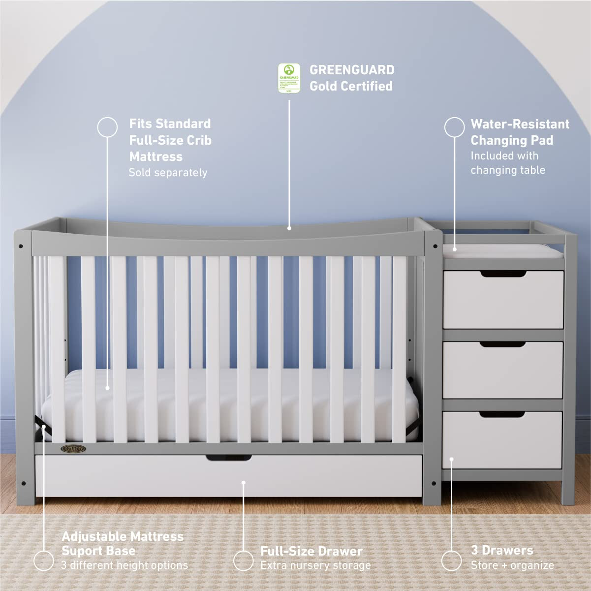 Graco Remi 4-In-1 Convertible Crib & Changer with Drawer (Pebble Gray & White) – GREENGUARD Gold Certified, Crib and Changing-Table Combo, Includes Changing Pad, Converts to Toddler Bed, Full-Size Bed