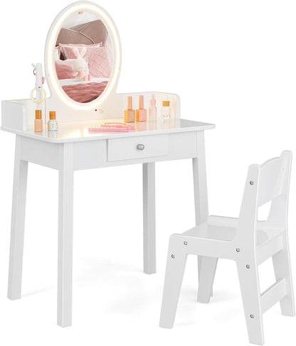 Costzon Kids Vanity, Girls Vanity Set with Mirror and Stool and Lights, Drawer, Jewelry Rack, 2 in 1 Wooden Princess Makeup Desk Dressing Table, Pretend Play Kids Vanity Table and Chair Set (White)