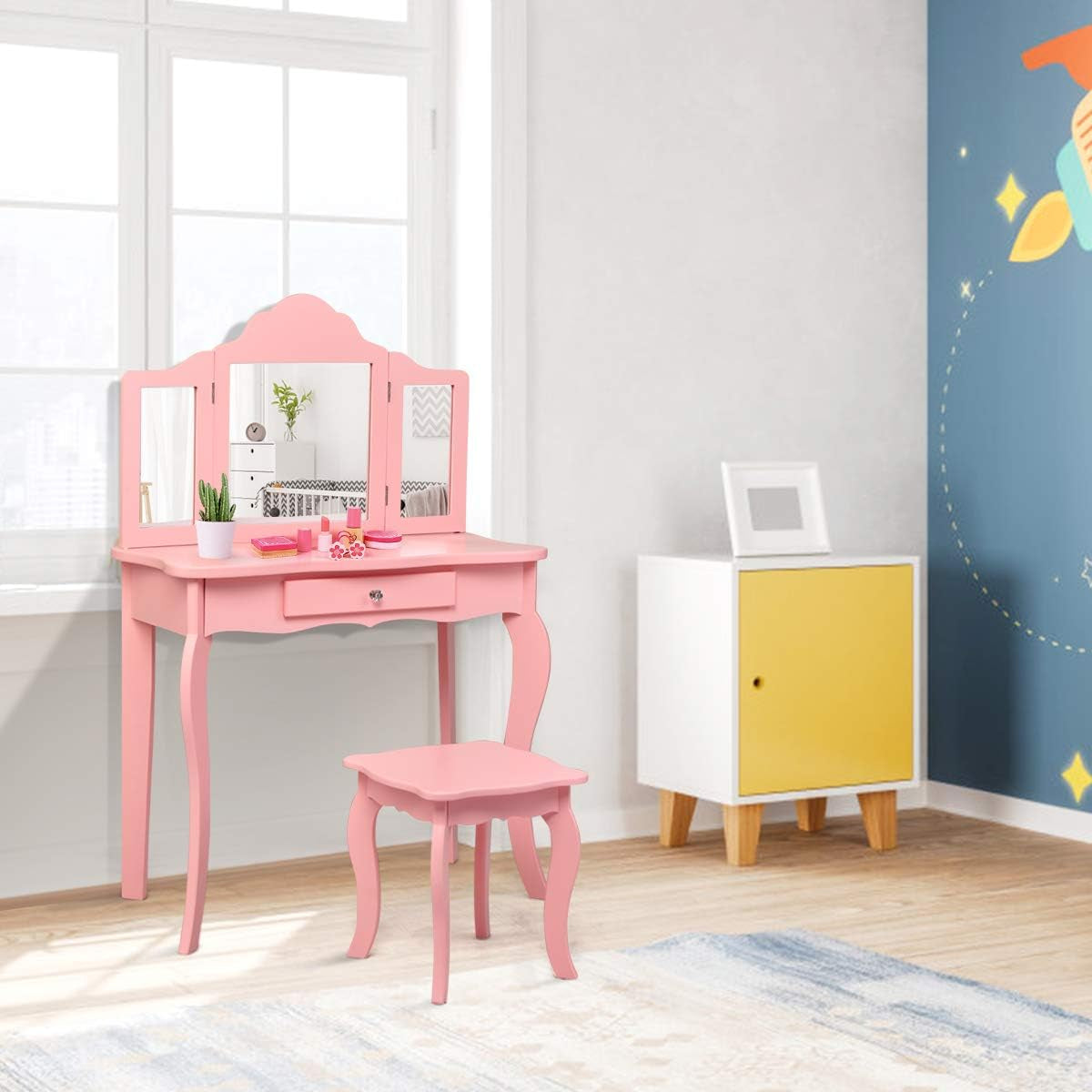 Costzon Kids Wooden Vanity Table & Stool Set, 2 in 1 Detachable Design with Dressing Table and Writing Desk, Princess Makeup Dressing Table with Two 180° Folding Mirror, for Girls, Kids (Pink)