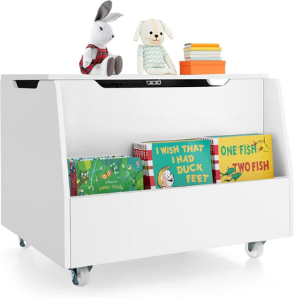 Costzon Wooden Toy Box, Kids Toy Storage Organizer with Front Bookshelf, Flip-Top Lid, Safety Hinge, 4 Universal Wheels, Boys Girls Toy Chest Bench for Playroom Kids Room Organization (White)