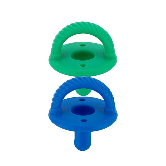 Itzy Ritzy Silicone Pacifiers for Newborn - Sweetie Soother Pacifiers Feature Collapsible Handle & Two Air Holes for Added Safety; for Ages Newborn and Up, Set of 2 in Hero Blue & Clover