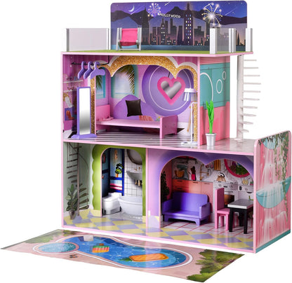 Olivia'S Little World Dreamland Sunset 2-Story Wooden Dollhouse with Modern Rooftop Deck and 14-Pc. Accessory Set for 12" Dolls, Pink