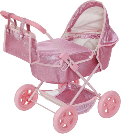 Olivia'S Little World Polka Dot Princess Baby Doll Twin Bassinet Stroller with Retractable Canopy & Storage, Pink/Gray