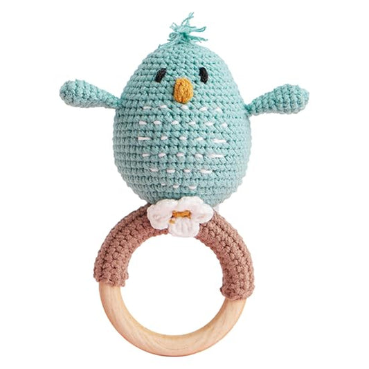 Chippi & Co Crochet Baby Rattle, Crochet Baby Toys, Stuffed Baby Doll, Organic Wooden Newborn Toys, Knitted Stuffed Animals for Babies, Mother, Father to Be Gifts Christmas (Bobo the Blue Bird)