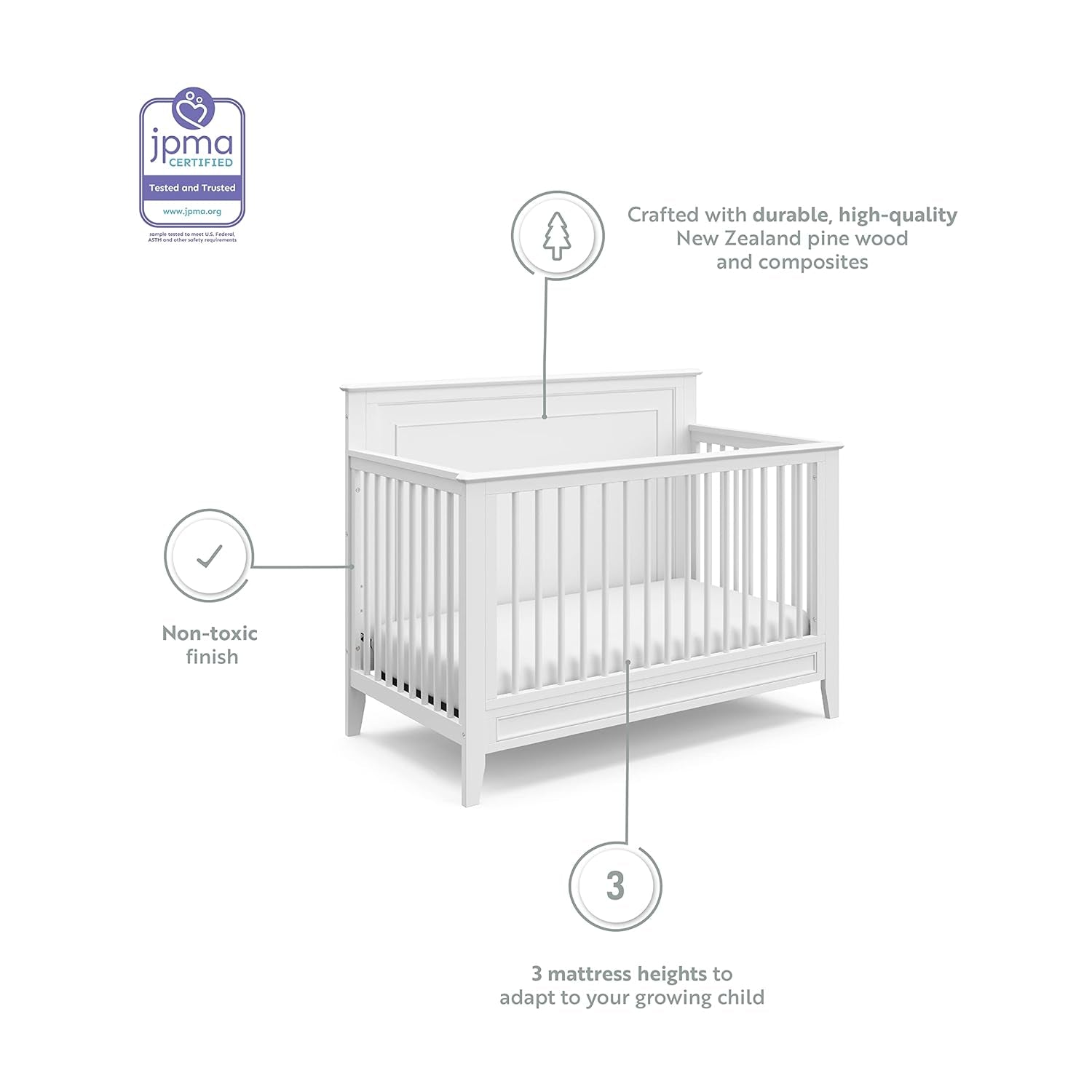 Storkcraft Solstice 5-In-1 Convertible Crib (White) – GREENGUARD Gold Certified, Converts to Toddler Bed and Full-Size Bed, Fits Standard Full-Size Crib Mattress, Adjustable Mattress Support Base