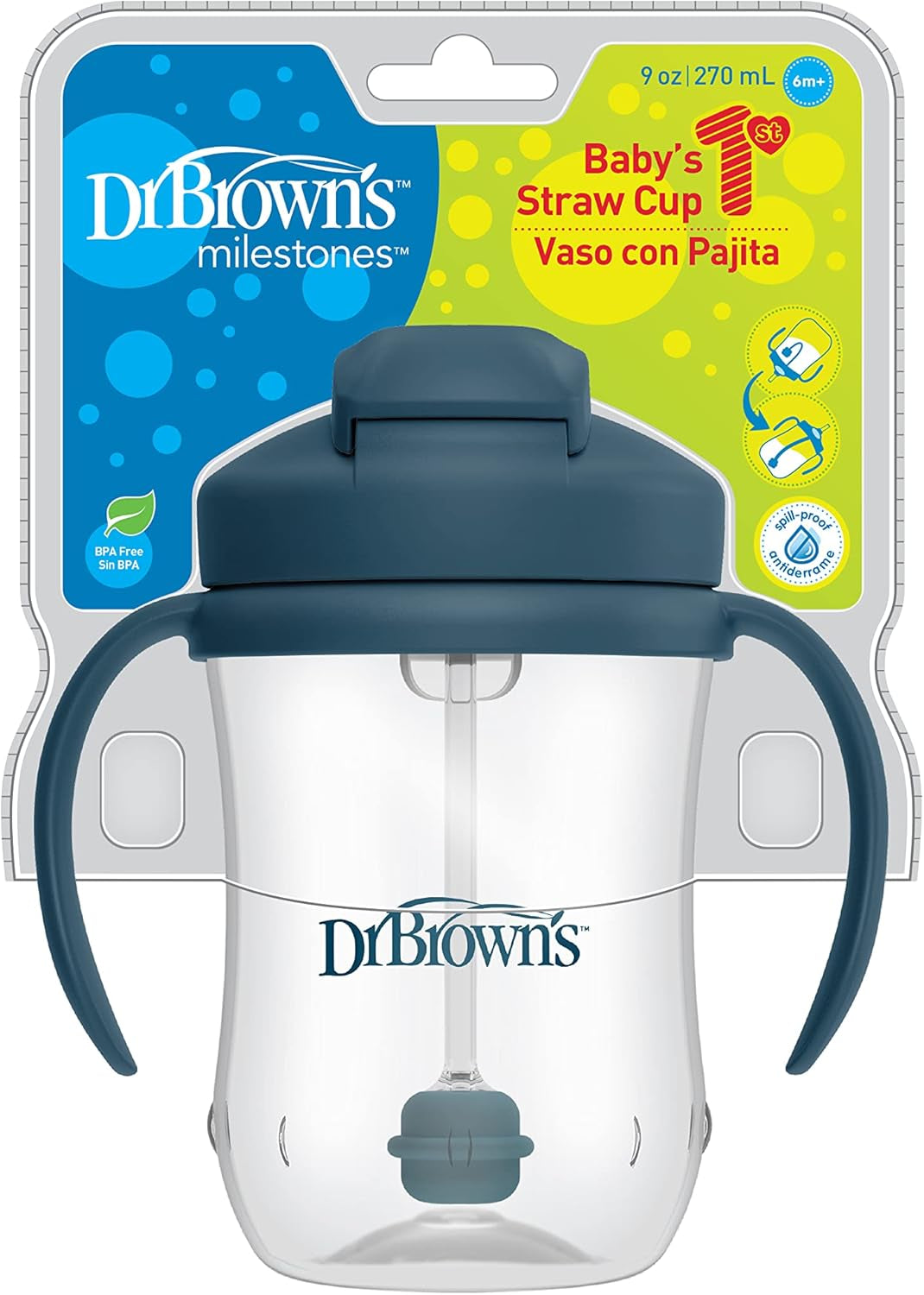 Dr. Brown'S Milestones Baby'S First Straw Cup, Training Cup with Weighted Straw, 9Oz/270Ml, Dark Blue, BPA Free, 6M+