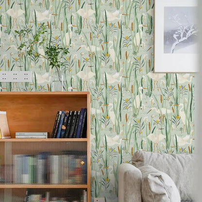 Ismoon Green Wallpaper Peel and Stick Cranes Egret Wallpaper Light Green Contact Paper Floral Bids Wallpaper Removable Peel and Stick Wallpaper 16.1X196In