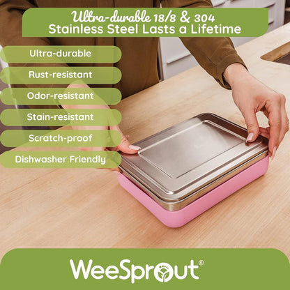 Weesprout 18/8 Stainless Steel Bento Box (Large) - 3 Compartment Metal Lunch Box, Skid-Proof Silicone, for Kids & Adults, Bonus Dip Container, Fits in Lunch & Work Bags, Dishwasher & Freezer Friendly