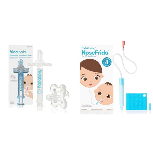 Frida Baby Medicine Pacifier, Accu-Dose Pacifier + Nosefrida Snotsucker Nasal Aspirator with 24 Extra Hygiene Filters