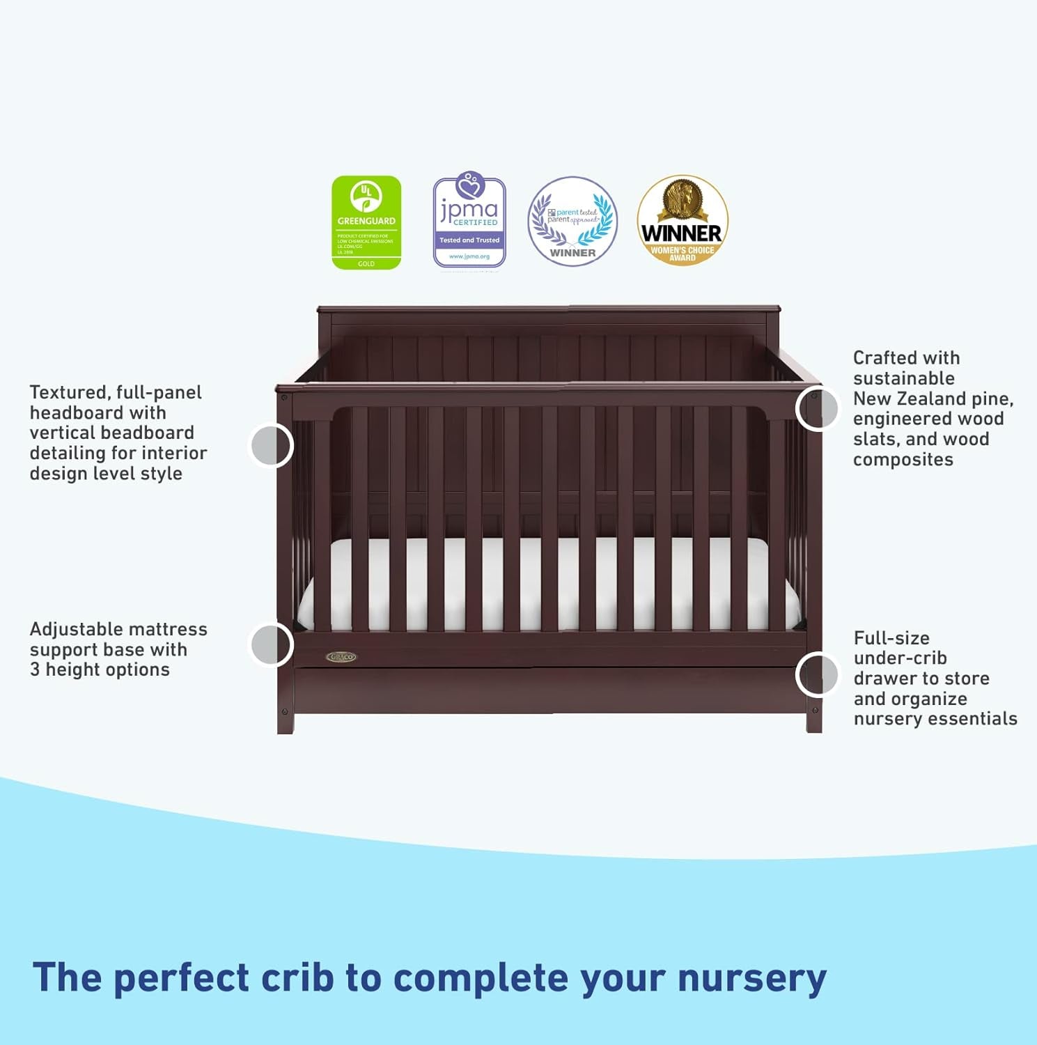 Graco Hadley 5-In-1 Convertible Crib with Drawer (Espresso) – Crib with Drawer Combo, Includes Full-Size Nursery Storage Drawer, Converts from Baby Crib to Toddler Bed, Daybed and Full-Size Bed