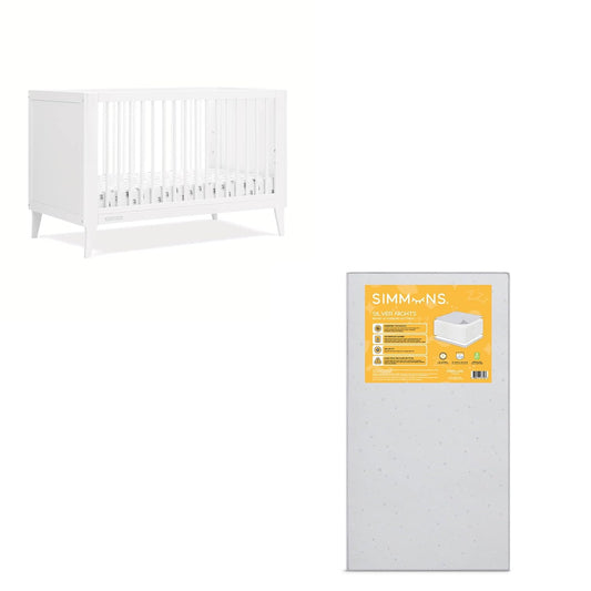 Delta Children Ollie 4-In-1 Convertible Crib, Bianca White + Simmons Kids Silver Nights Dual Sided 2-Stage Baby Crib Mattress (Bundle)