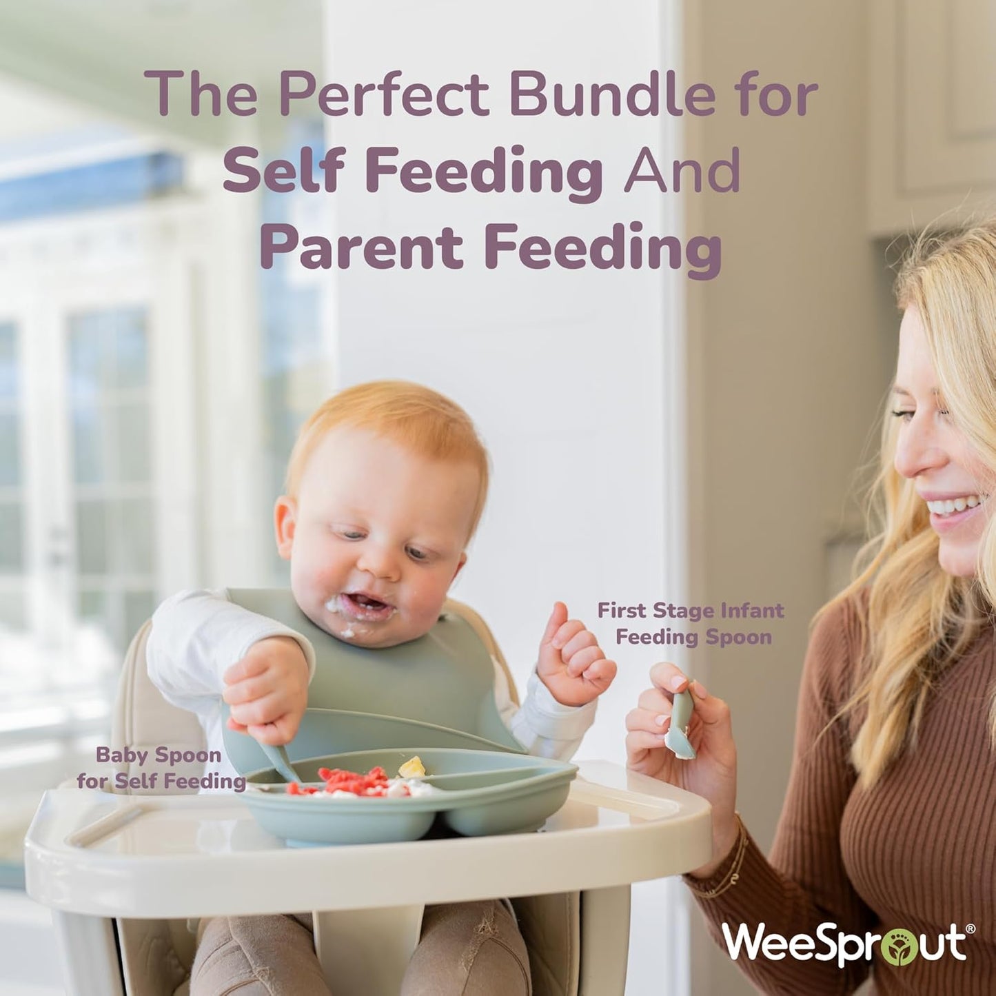 Weesprout Baby Led Weaning Bundle, Silicone Suction Bowl, Spoons, Bib & Cup, Develops Self Feeding Skills, Dishwasher Safe (Mint)