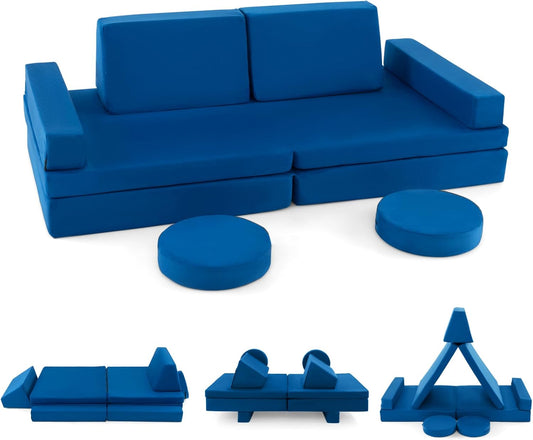 Costzon Kids Play Couch Sofa, Large Modular Folding Sofa Building Fort Playset with Handle, Machine-Washable Cover, Convertible Foam Cushion for Playroom Bedroom Boys Girls Gifts (10-Piece, Blue)