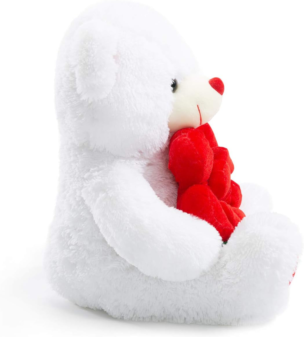 BEJOY Teddy Bear Stuffed Animals Plush Bear Holding Rose Soft Plush Toy Valentine'S Day, 16 Inch, White