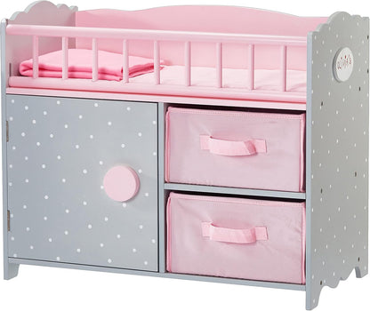 Olivia'S Little World Polka Dot Princess Wooden Baby Doll Crib with Under-The-Crib Storage Featuring a Cabinet with Door and Two Cubbies, Pink and White