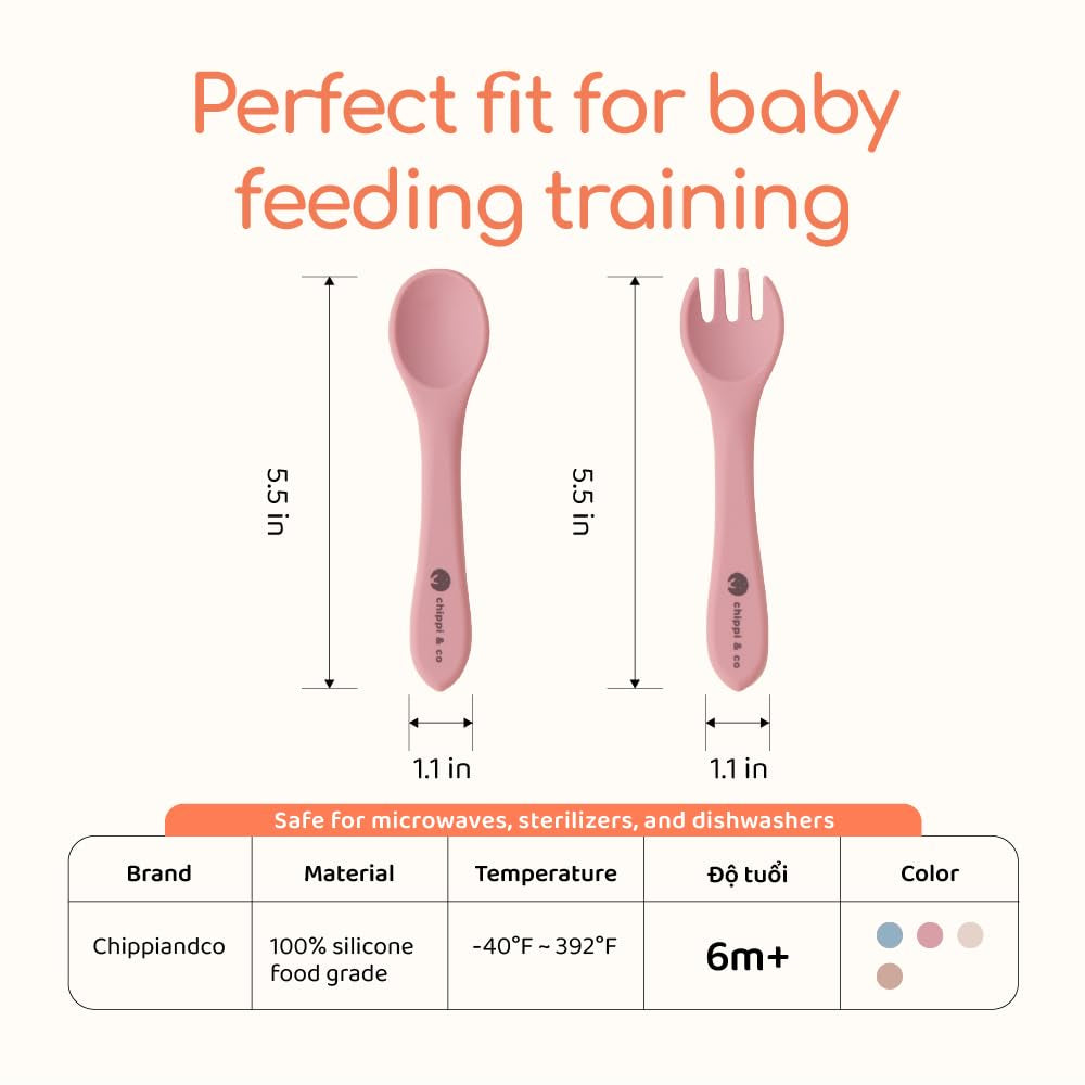 Chippi & Co Silicone Baby Spoons and Forks, Self Feeding from 6 Months, Baby First Spoon, Baby Led Weaning Spoons, Cucharas Para Bebes, Self Feeding Baby Utensils, Starting Solids Essentials (SET 2)