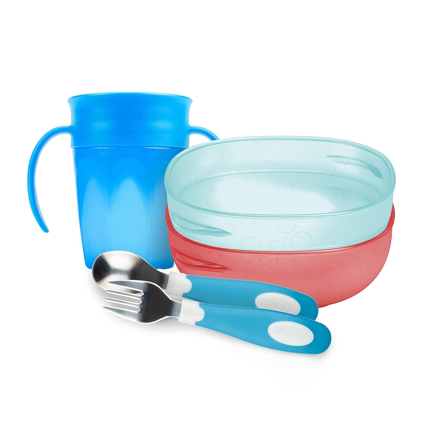 Dr. Brown’S Designed to Nourish Soft-Grip Spoon and Fork Set, Scoop-A-Bowl, Baby and Toddler Food and Cereal Bowls and Milestones™ Cheers360™ Training Sippy Cups with Handles, BPA Free, Blue, 7Oz, 6M+