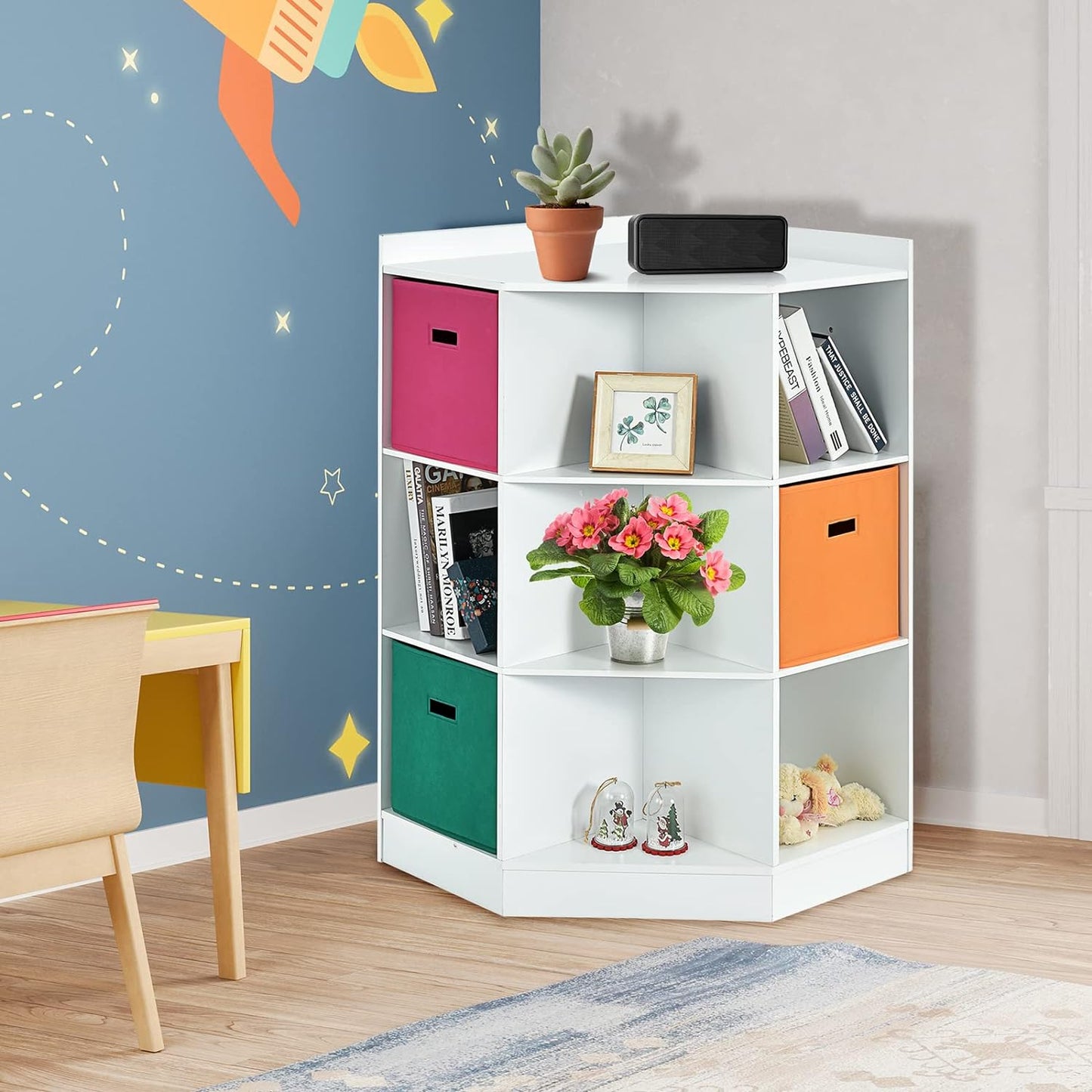 Costzon 9-Cubby Kids Bookcase with Large Storage Drawers, Children'S Corner Cabinet with 6 Cubes and 3 Shelves, Wooden Storage Sideboard Suitable for Kids Room Playroom Classroom (White)