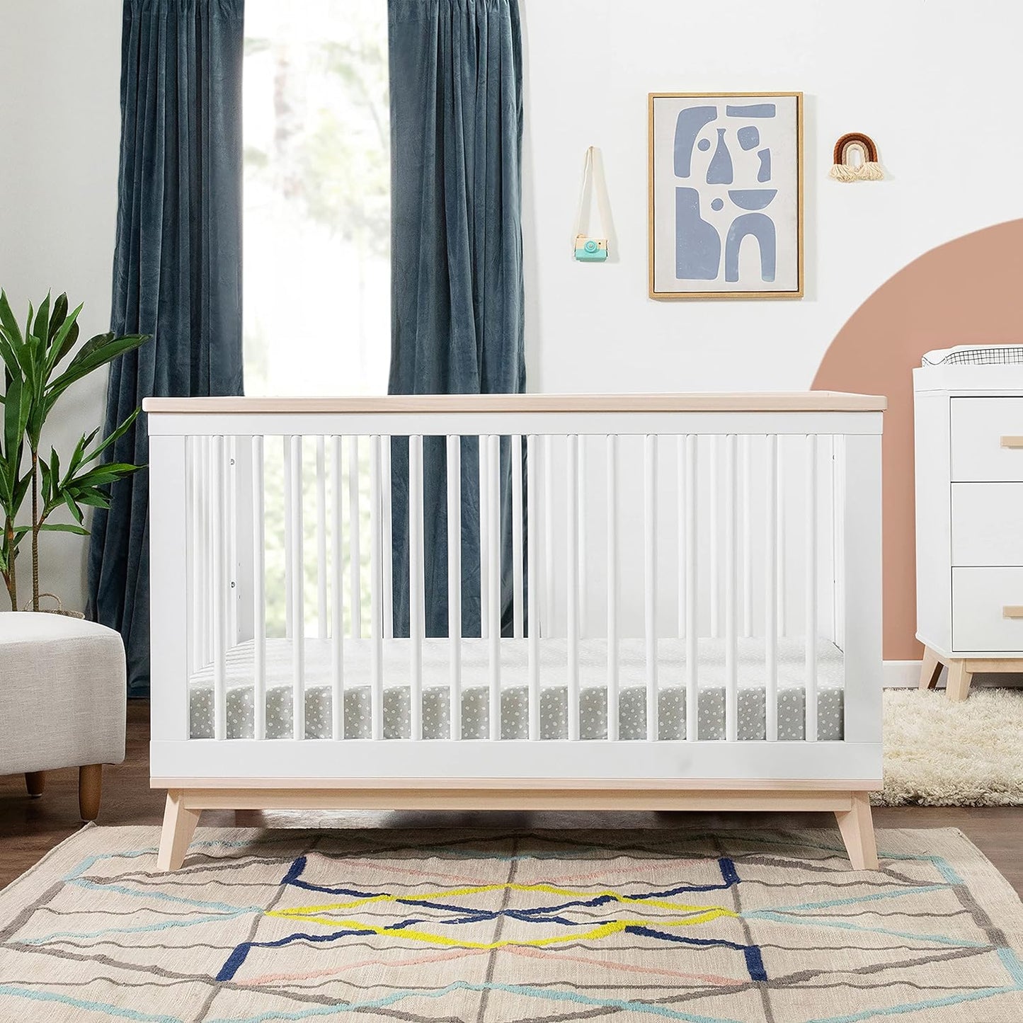 Babyletto Scoot 3-In-1 Convertible Crib with Toddler Bed Conversion Kit in White and Washed Natural, Greenguard Gold Certified